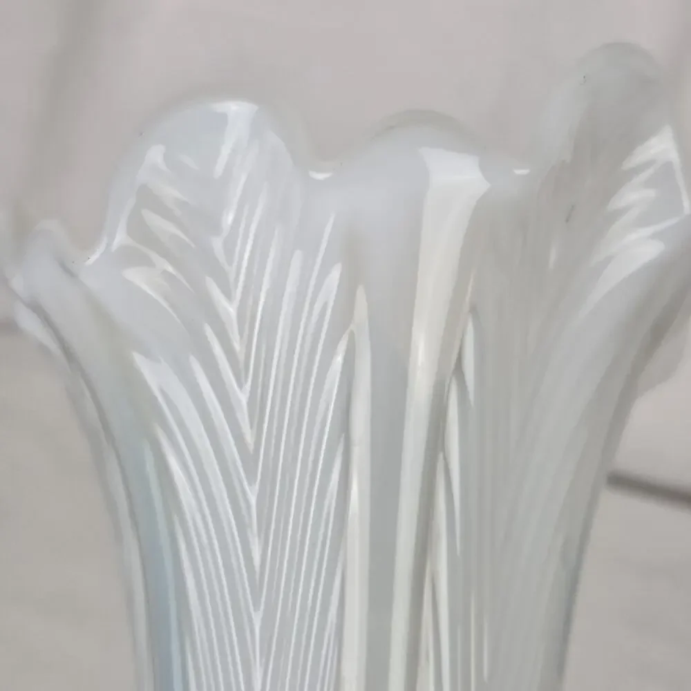 Vintage Fenton Opalescent Vase Strech Glass Swung Feathered White Ruffled 11.5